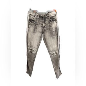 SOLD! Rue 21 men’s grey faded and distressed denim with racing stripe